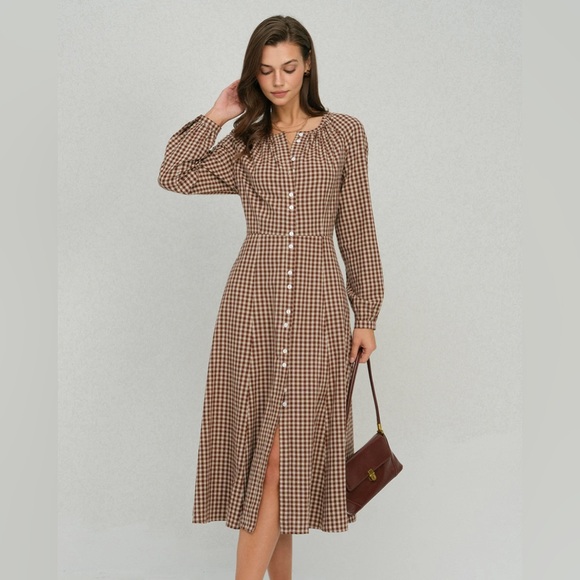 RIHOAS Dresses & Skirts - Brown Gingham Button A-Line Midi Dress